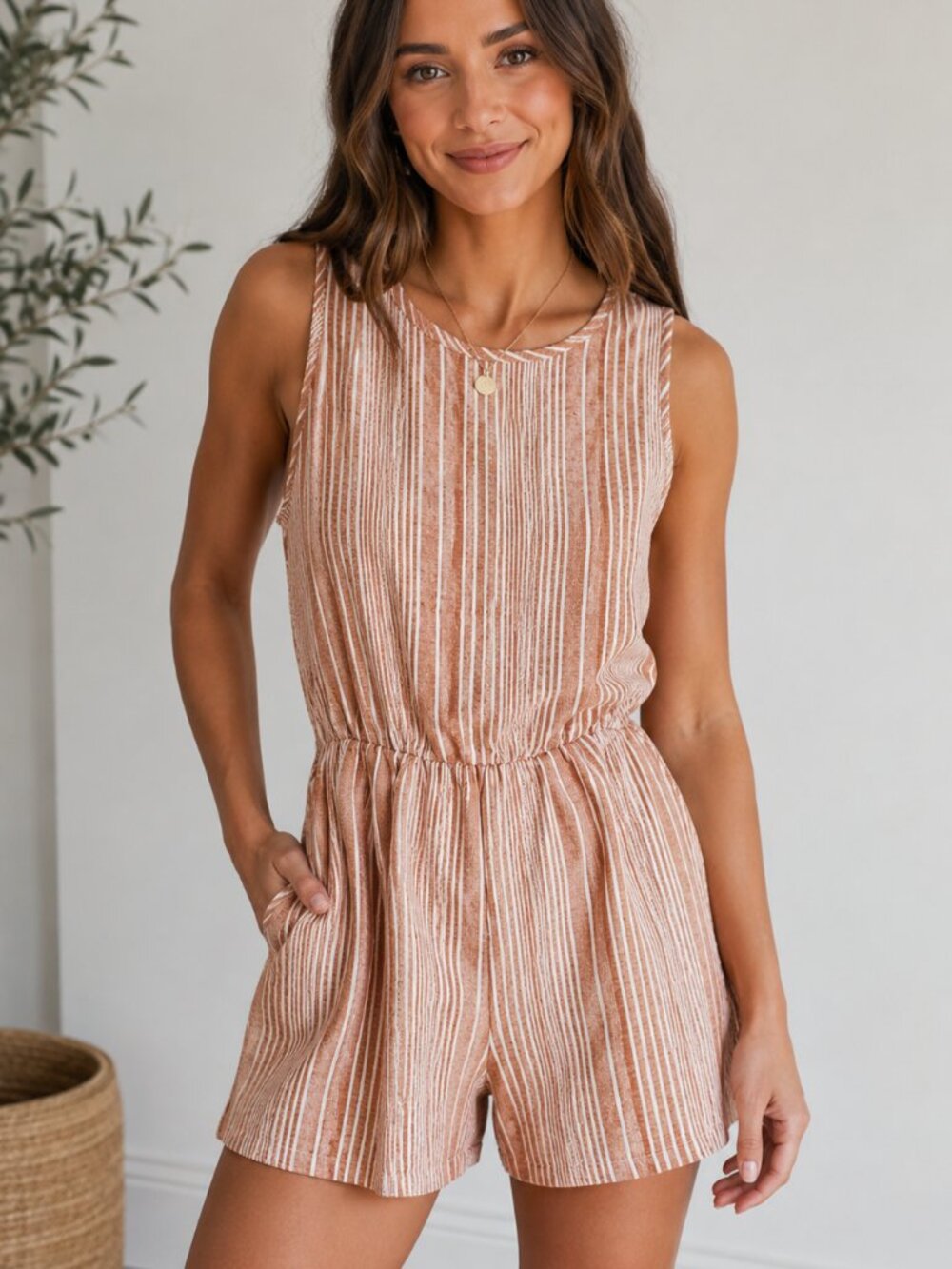 Boutique / Made With Love Striped Sleeveless Romper - Coral & White